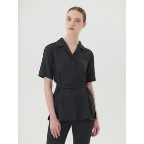 BELTED OPEN COLLAR SHIRT - BLACK