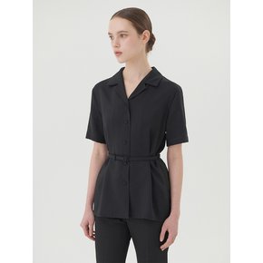 BELTED OPEN COLLAR SHIRT - BLACK