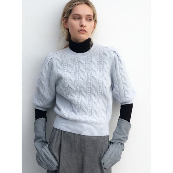 캐시 스팽글 볼륨소매 풀오버_블루