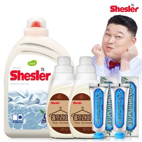 강호동의 쉬슬러 액상 세제 센스티브 3.05L 1개+홈드라이전용 650ml 2개+치석케어 치약 100g 2개.