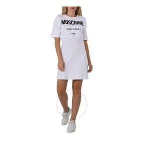 모스키노 여성 판타지 프린트 화이트 쿠튀르 로고 티셔츠 드레스 브랜드 사이즈 38 (US 사이즈 4