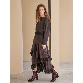 Ruffle Trimmed Asymmetric Long Skirt_Dark Brown