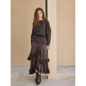 Ruffle Trimmed Asymmetric Long Skirt_Dark Brown