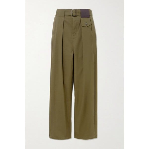 가죽 트리밍 플리츠 코튼 실크 블렌드 팬츠 46376663162958445