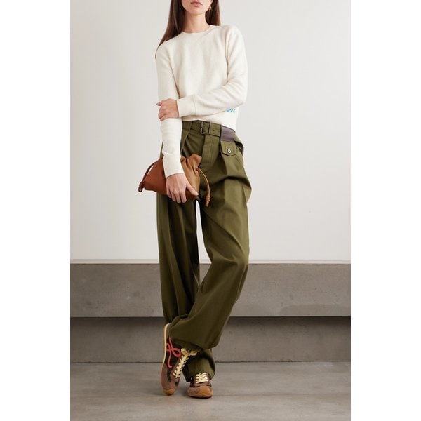 가죽 트리밍 플리츠 코튼 실크 블렌드 팬츠 46376663162958445