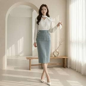 / 정장치마 금장버튼 포켓 H라인 스판 미디스커트