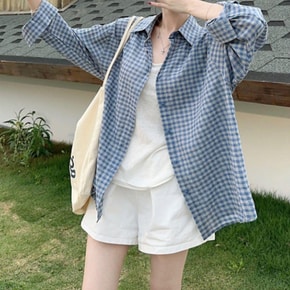 미니멀 여자 루즈핏 체크패턴 데일리 봄가을 캐주얼 남방 셔츠 심플