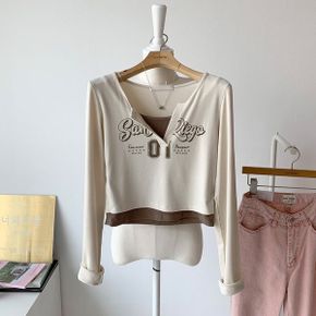 레이어드 골지 레터링티 배색 크롭 긴팔티_P399176086