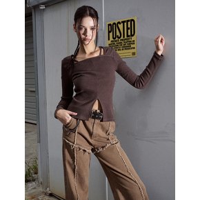 Neck Strap Front Slit T-Shirt, Brown