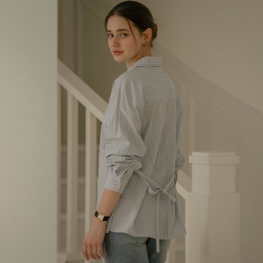 틸아이다이 Strap two pocket striped long shirt_Blue