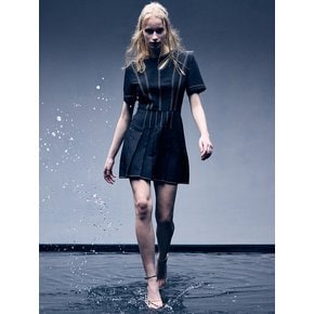 LINEN CUT-OUT PLEATED MINI DRESS_BLACK