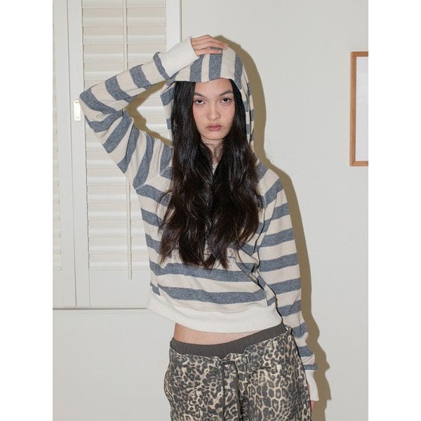 스트라이프 니트 후디 - 크림 그레이