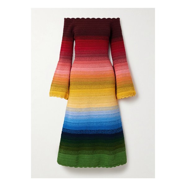 오스카 드 라 렌타 오프숄더 스트라이프 크로셰 코튼 미디 드레스 멀티컬러 1647597326052159