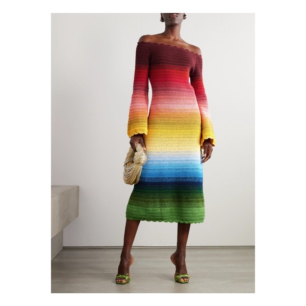 오스카 드 라 렌타 오프숄더 스트라이프 크로셰 코튼 미디 드레스 멀티컬러 1647597326052159