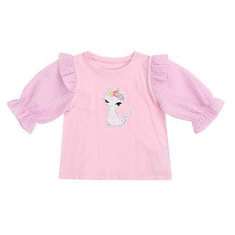 프랜치캣 [여주점] 핑크 소매 우븐 티셔츠 (Q22DKT240)