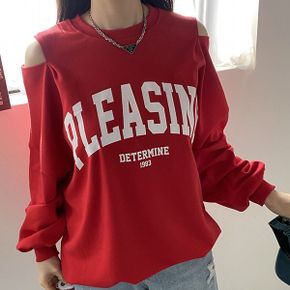 캐주얼한 레터링 오프숄더 맨투맨 빅사이즈 데일리 티셔츠_P389295647