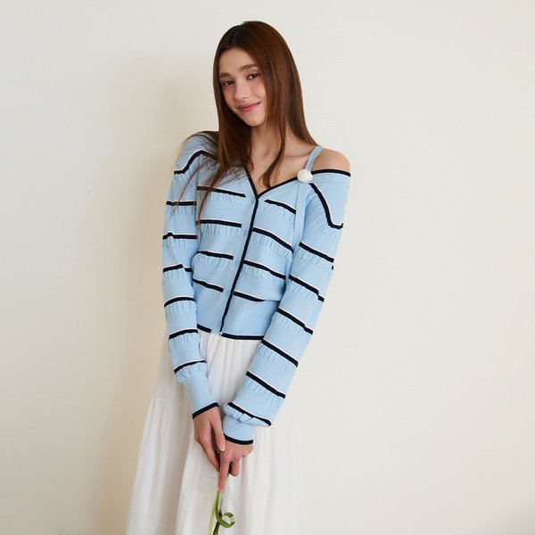 [시흥점] 여성 로즈 원숄더 스트라이프 니트 가디건 (ES2OKG51)