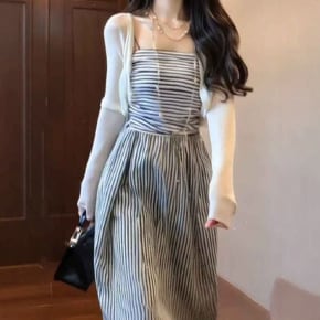 얼리어텀 스트라이프패턴 스트랩 라베노원피스세트