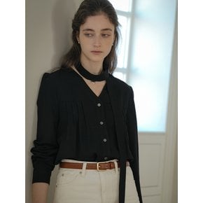 Lebo tie pintuck v-neck Blouse_Black