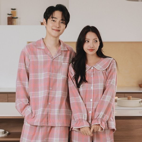 확대된 대표 김양리빙 / 김양리빙 단독 핑크체크 기모면 겨울잠옷 커플잠옷