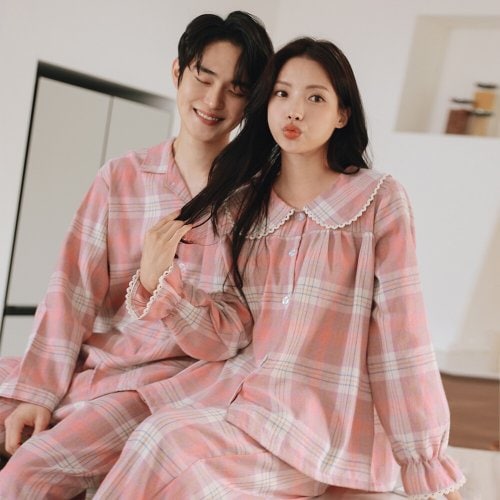 김양리빙 / 김양리빙 단독 핑크체크 기모면 겨울잠옷 커플잠옷