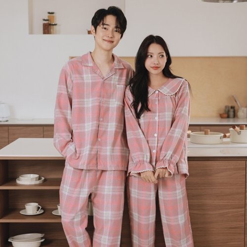 김양리빙 / 김양리빙 단독 핑크체크 기모면 겨울잠옷 커플잠옷