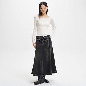 WOMAN 디스트로이드 롱 플레어 데님 스커트 [BLACK] / GF3LSK509