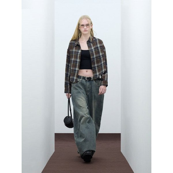 85-VIVA087 팬시 크롭 긴팔 체크 셔츠 브라운