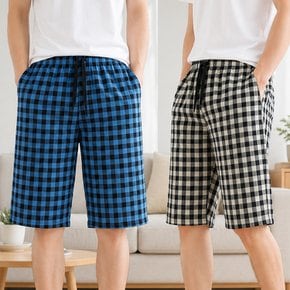남성 체크 지지미 7부 잠옷바지 포켓 밴딩 홈웨어 빅사이즈