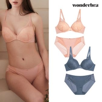 WONDERBRA 노와이어 플로럴 브라팬티 4종세트 코랄핑크 네이비 WBW3M4142_T