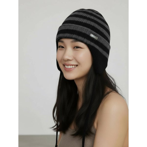 STRIPE EAR FLAP BEANIE [BLACK]