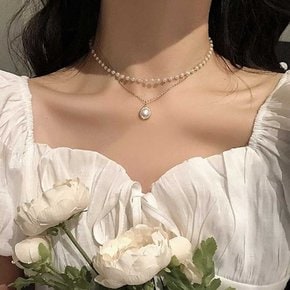 롱목걸이 더블 레이어드 진주 체인 러블리 목걸이 네클리스