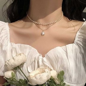 롱목걸이 더블 레이어드 진주 체인 러블리 목걸이 네클리스