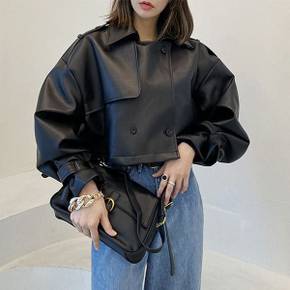 / 레더 더블단추 퍼프소매 크롭 자켓