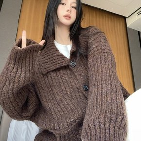 다라 골지 하이넥 긴팔 니트 가디건