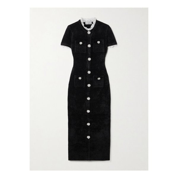 크리스털 장식 레이스 트리밍 셔닐 미디 드레스 블랙 46376663162915041