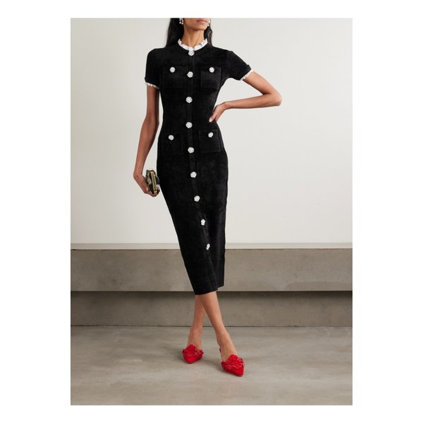 크리스털 장식 레이스 트리밍 셔닐 미디 드레스 블랙 46376663162915041