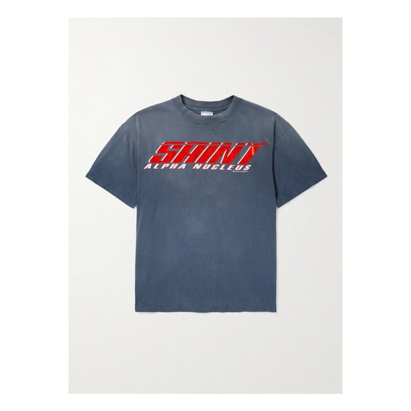세인트 알파 로고 프린트 디스트레스 코튼 저지 티셔츠 블루 46376663162875639