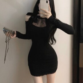 데니크 오프숄더 레이스 홀터넥 미니 원피스