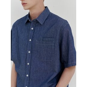 Linen denim double pocket 1/2 shirt (indigo)