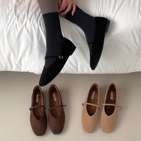 [옷자락] 여성 겨울 털단화 메리제인 가죽 플랫슈즈