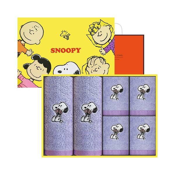 스누피 조이풀150g세면 2매 + 고리수건 4매 (연보라) 선물세트 (전용박스+쇼핑백)