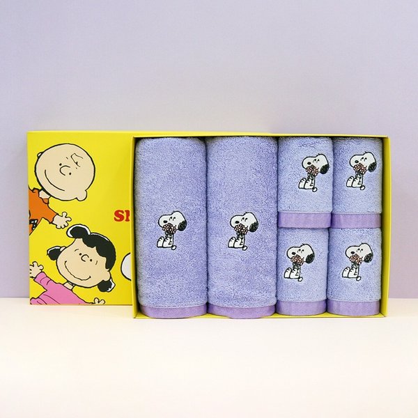 스누피 조이풀150g세면 2매 + 고리수건 4매 (연보라) 선물세트 (전용박스+쇼핑백)