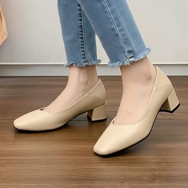 [옷자락] 여자 레더 스퀘어토 빅사이즈 미들힐 펌프스