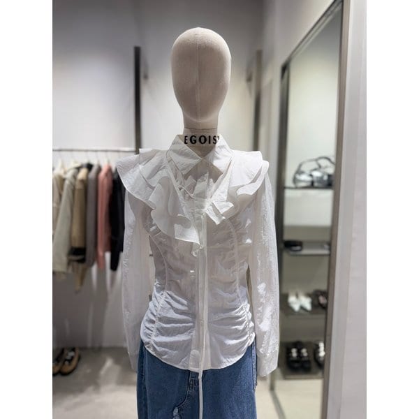 [여주점] 숄카라 탈착 절개 셔링 셔츠형 블라우스ES1WB160