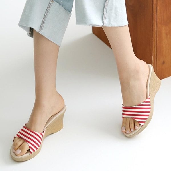 [옷자락] 여자 스트라이프 웨지힐 가죽 오픈토 샌들