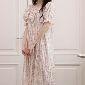 아뜰리에밴딩프릴 줄꽃면 롱원피스 반팔잠옷 여성파자마 실내복 홈웨어_P397030585