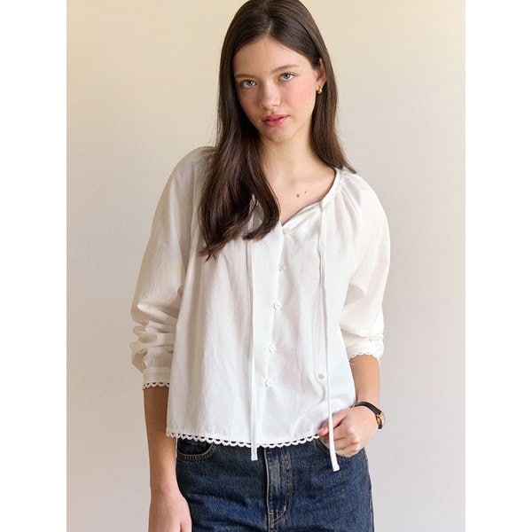Peached Ribbon Shirring Blouse - Ivory