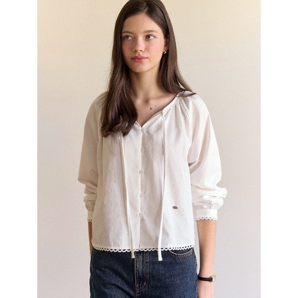 Peached Ribbon Shirring Blouse - Ivory