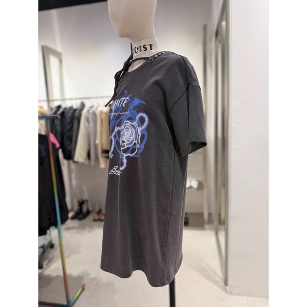 [여주점] 프린팅 포인트 끈 장식 반소매 티셔츠 ER2CH361